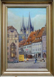 Altstadt mit Dom, 1949/2020, Karl Weiner, Öl auf Hartfaser, 39x27cm